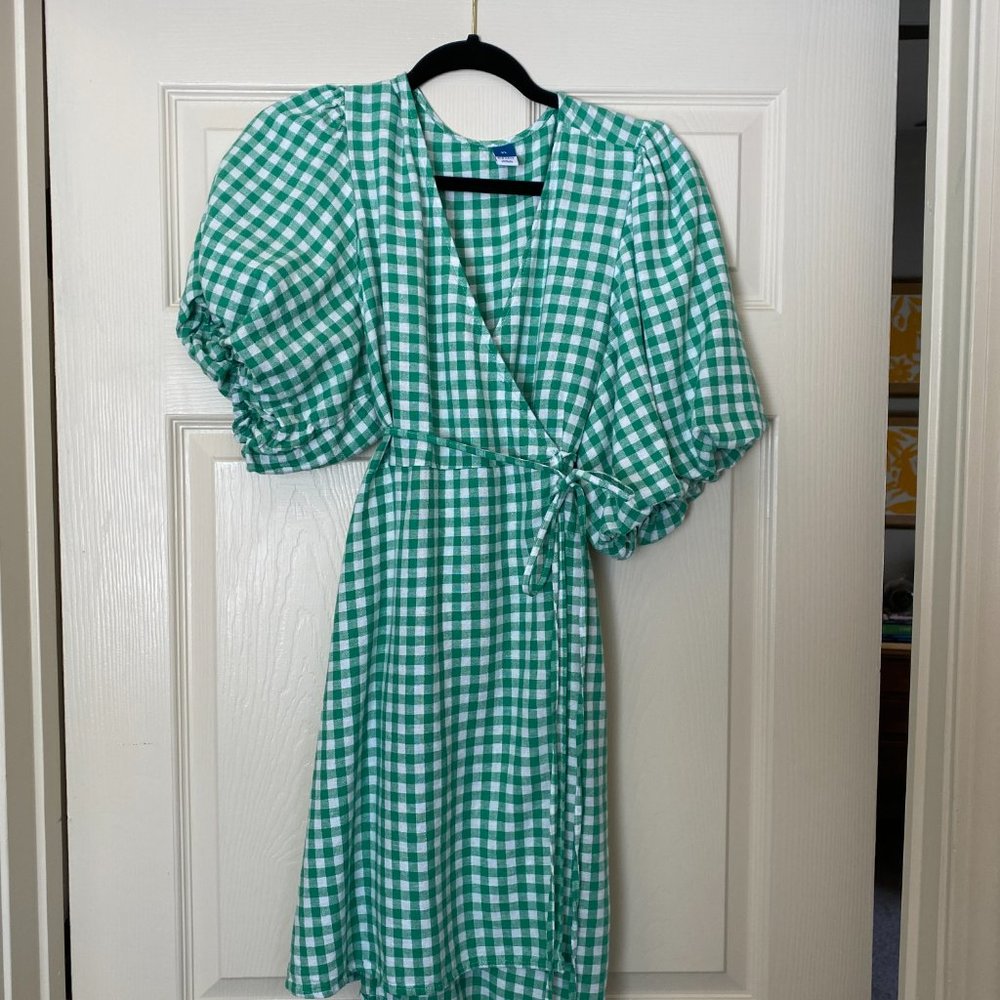Buffalo Check Wrap Dress with Puff Sleeves